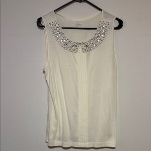LOFT Ivory Sleeveless Top with Embellished Collar